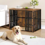 Dog Cage Furniture, Wooden Dog Box for Indoor Use with Food Door Top, Multi-Door Design, Dog Cage Side Table for Medium
