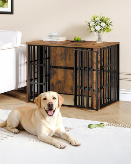Dog Cage Furniture, Wooden Dog Box for Indoor Use with Food Door Top, Multi-Door Design, Dog Cage Side Table for Medium