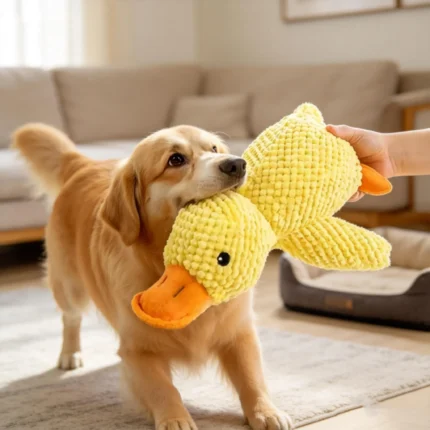 Dog sleeping with a hug duck puppy plush toys to relieve boredom of little yellow duck pet interactive plush doll pet supplies