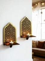 Islamic Ramadan Wood Wall Shelf Geometric Gold Black Acrylic Hanging Shelf for Eid Mubarak Kareem Candle Incense Home Decor Gift