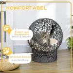 50x50x60cm Anthracite Cat Cave Bed – 2-Piece Woven Basket with Cushion - Image 2