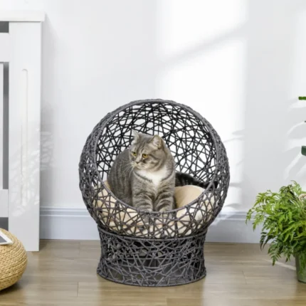 50x50x60cm Anthracite Cat Cave Bed – 2-Piece Woven Basket with Cushion