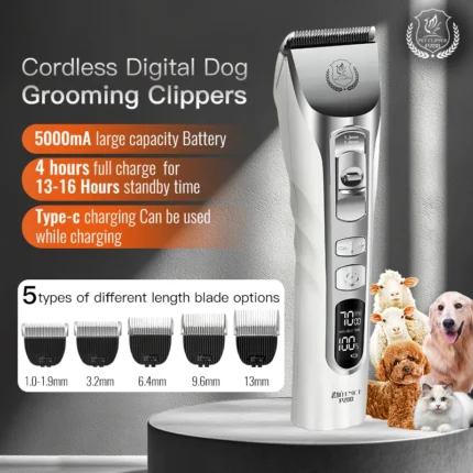 Fenice New Upgrade 5000mA Capacity Cordless LCD Screen Pets Dog Grooming Clippers Rechargeable Haircut Shaver for Trimming Salon
