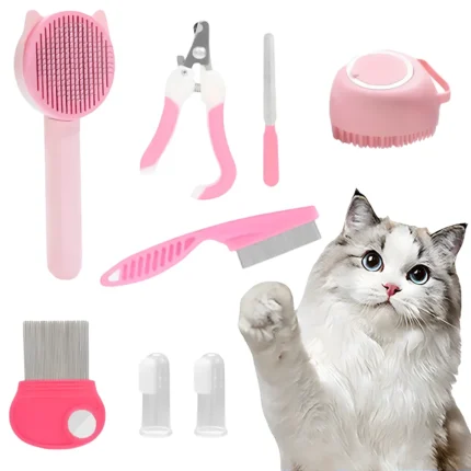 8Pcs Pet Grooming Kit - Nail Clipper Trimmer with Flea Comb & Detangling Brush Set for Dogs Cats, Grooming Tools