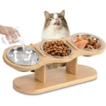 Elevated Cat Bowls Raised Wood Stand Feeder with 3 Stainless Steel Bowls Feeding & Watering Supplies for Puppy Cats Accessories