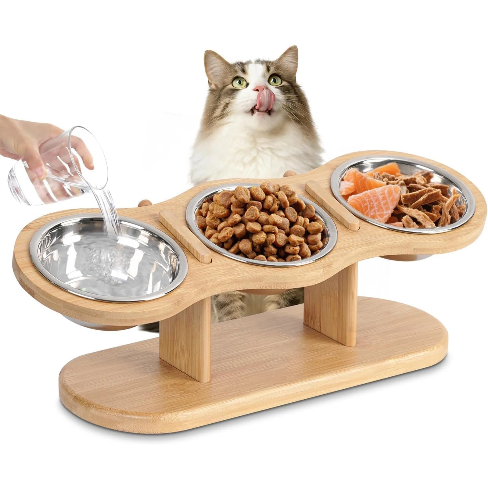 kf-Sb9dfed73a17c4eb88cfe61d918f04fb2B Elevated Cat Bowls Raised Wood Stand Feeder with 3 Stainless Steel Bowls Feeding & Watering Supplies for Puppy Cats Accessories - Image 1