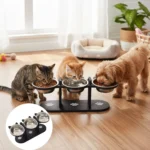 Elevated Cat Food Bowl with Black Wooden Support Frame Stainless Steel Cats Bowls 15° Stand Sloped Feeding & Watering Supplies - Image 6