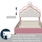Anajqaqia 90x200cm Upholstered Single Bed, Children's Bed with Crown Shape Headboard and LED Lighting, Velvet Fabric, Pink - Image 4