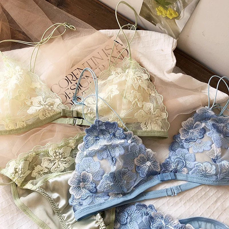 kf-A17ffc7ec1564410b86098fd0b60f7dd5g Women Sexy Triangle Cup Lingerie French Ultra Thin Lace Flowers Embroidery Bra Set Young Girl Padded Brassiere and Panties Sets - Image 1