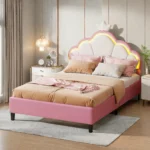 Anajqaqia 90x200cm Upholstered Single Bed, Children's Bed with Crown Shape Headboard and LED Lighting, Velvet Fabric, Pink