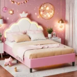 Anajqaqia 90x200cm Upholstered Single Bed, Children's Bed with Crown Shape Headboard and LED Lighting, Velvet Fabric, Pink - Image 2