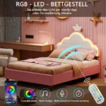 Anajqaqia 90x200cm Upholstered Single Bed, Children's Bed with Crown Shape Headboard and LED Lighting, Velvet Fabric, Pink - Image 3