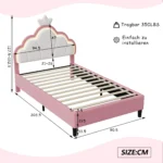 Anajqaqia 90x200cm Upholstered Single Bed, Children's Bed with Crown Shape Headboard and LED Lighting, Velvet Fabric, Pink - Image 5