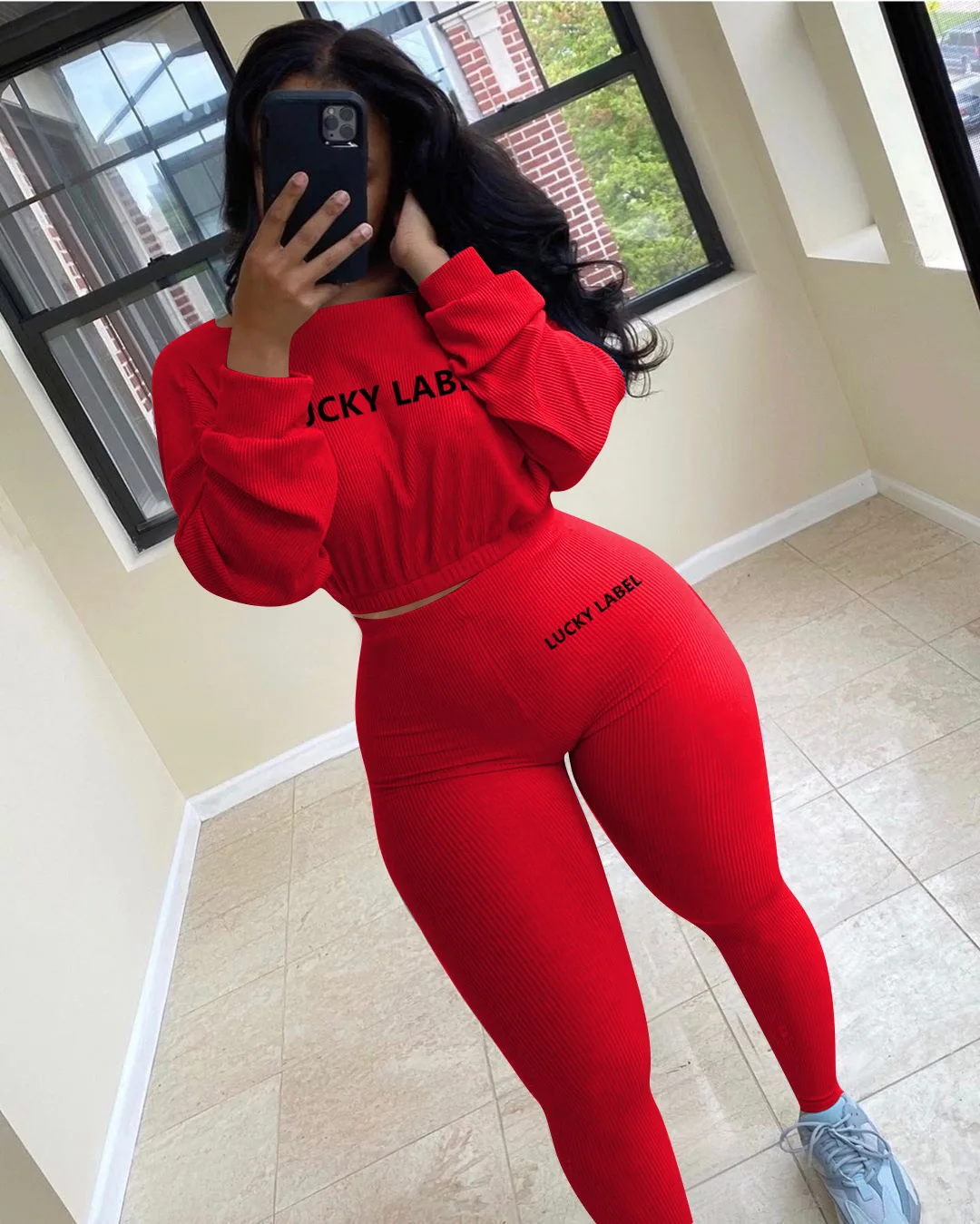 kf-H8ee656bb82434ff5af769efa21351194s Letter Printed Embroidery Women Two Piece Ribbed Tracksuits Fall Spring Long Sleeve Sweatshirt and Skinny Pants Set - Image 1