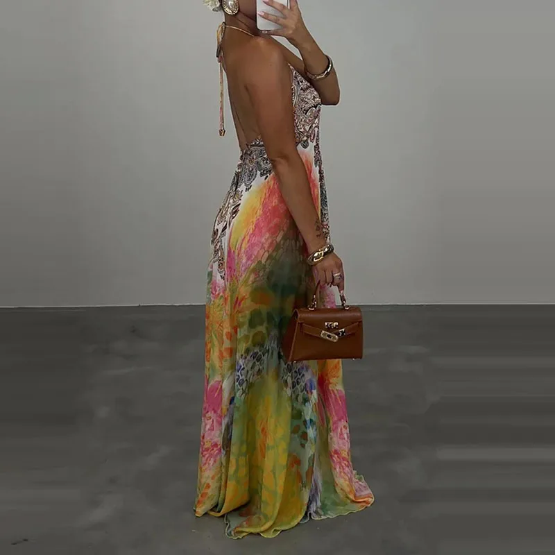 kf-S0122f59db1b1437f86f0e338c7567355l Casual High Waist Evening Party Dress Sexy V-neck Backless Sleeveless Vacation Robes Elegant Bohemian Printed Women Loose Dress - Image 1