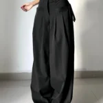 Women's Black High Waist Wide Leg Suit Pants Pleated Front Side Tie Detail Loose Fit Casual Streetwear Spring Summer Trousers