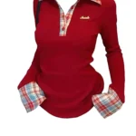 Preppy Polo Neck Plaid Long sleeve T shirt Women Fake Two-piece Basic Top V neck Button Blouses Tees Embroidery High-quality