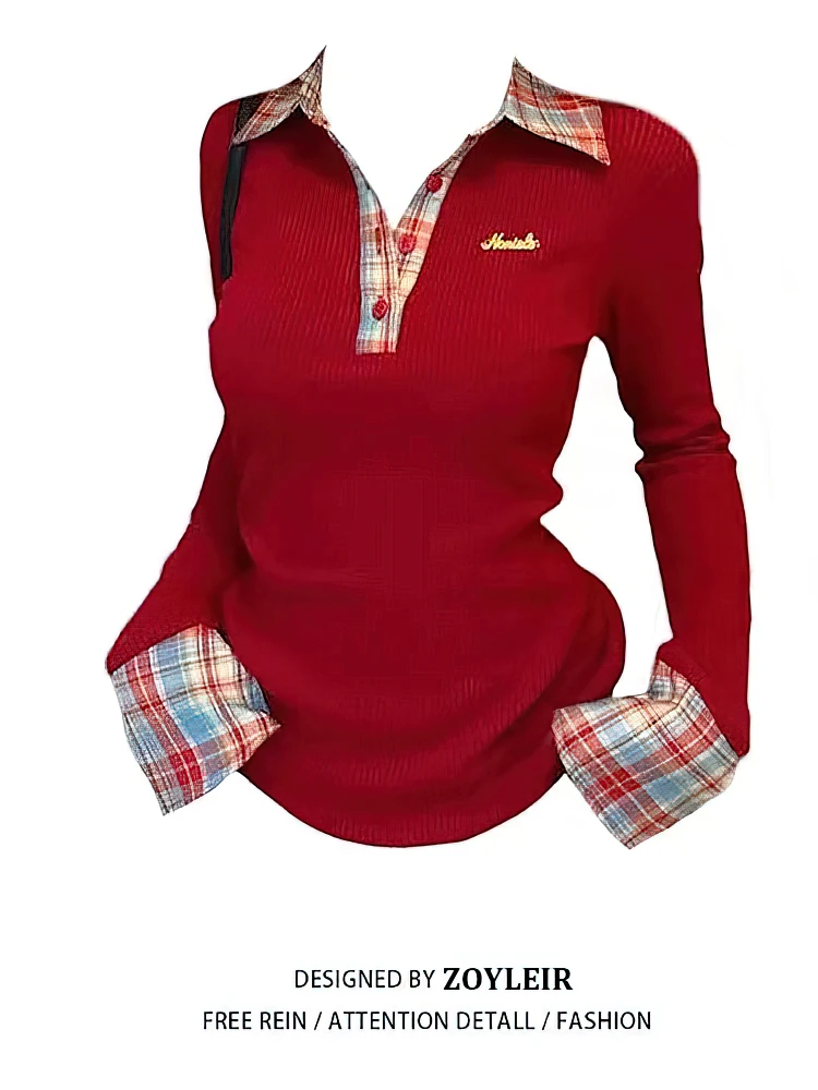 kf-S0154c6d8212842dbb10b1b5a0da844f8h Preppy Polo Neck Plaid Long sleeve T shirt Women Fake Two-piece Basic Top V neck Button Blouses Tees Embroidery High-quality - Image 1