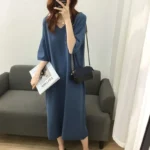 Women Clothing New V Neck Simplicity Loose Street Casual T Shirt Dress Summer Short Sleeve Solid Korean Midi Dress Fashion Trend