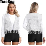 Womens Shiny Sequin Tassel Dance Vest Sleeveless Glitter Waistcoat Allover Sequin V Neck Open Front Vest for Dancing Music
