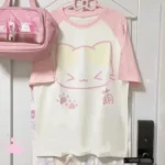 Aesthetics Japanese Grunge T-shirt Y2k Harajuku Anime Cartoon Cat Tops Tees Short Sleeve Women Kawaii Clothing Streetwear