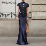 TWOTWINSTYLE Solid Slimming Two Piece Sets for Women Round Neck Short Sleeves Spliced Button Top High Waist Skirt Set Female New