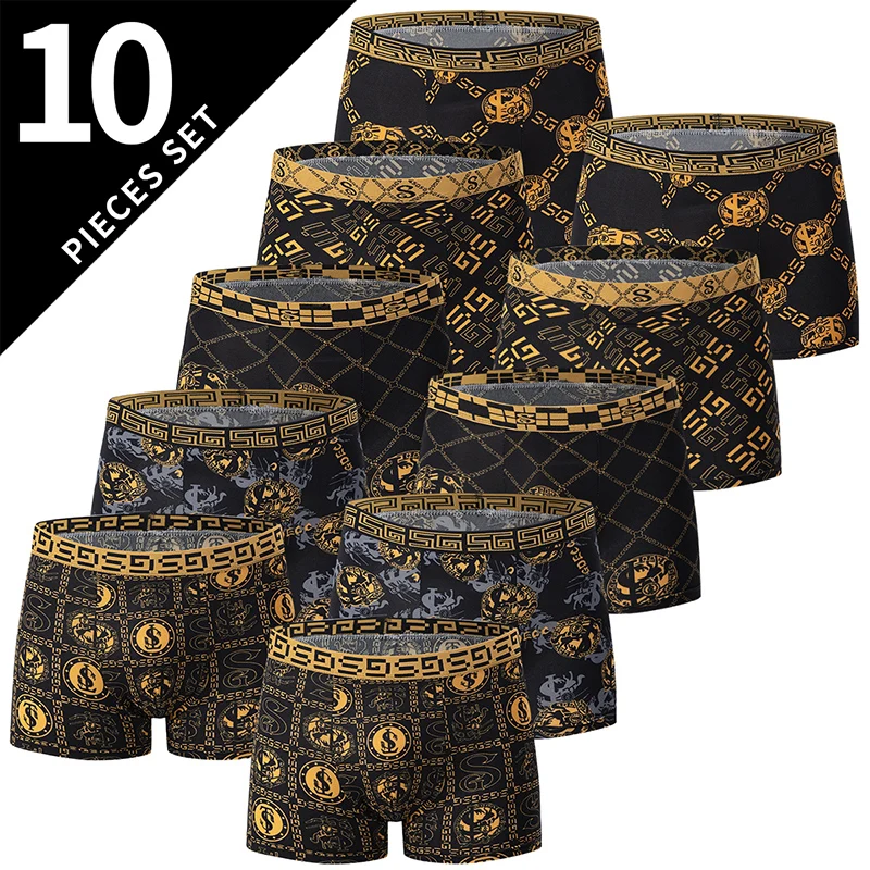 kf-S089070fe5a754d74853afa4a1d61dedfg 5 /10 Pack Men's Black Gold Printed Boxer Underwear Comfortable And Versatile Plus Size Sexy Young Men's Leisure Sports Beach sh - Image 1