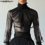 Fashion Well Fitting Tops INCERUN Sexy Men Thin High Neck Shoulder Pleated Shirt Casual Party Nightclub Long Sleeved Blouse 2025