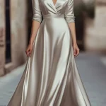 Spring/Autumn Collection: French-inspired Elegance Luxury-feel V-neck Long-sleeved Fitted Waist Dress Evening Gown for Banquets