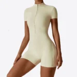Womens Yoga Short Sleeve Jumpsuits Slim Fit Stretch One Piece Playsuits Romper Sexy Fitness Solid Color Female Zipper Sportwears