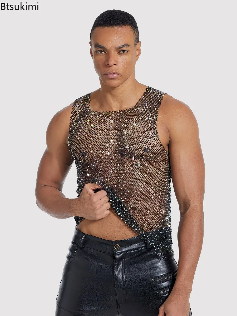 kf-S123f8b2a8b564a1a9b8b27d1febc46c2K 2026 Men's Summer Hollow Mesh Diamond Style Sleeveless T-Shirt Vest Sexy Fashion Trend Leisure Slim Breathable Men's Tank Tops - Image 1