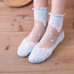 5 Pairs Mesh Floral Print Socks Crystal Glass Vintage Thin Socks Women's Stockings Hosiery Crystal Glass Short Thin Socks - Image 5