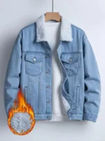 Men's Fleece-Lined Denim Jacket, Imitation Lamb Wool Collar Thickened Warm Coat, Retro Casual Washed Denim Top