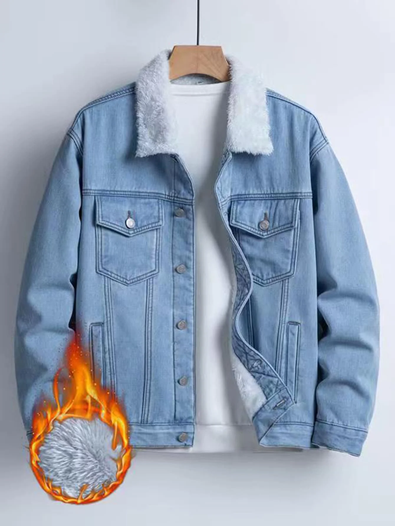 kf-S189ae3edeb3040dc83230138b749705cV Men's Fleece-Lined Denim Jacket, Imitation Lamb Wool Collar Thickened Warm Coat, Retro Casual Washed Denim Top - Image 1