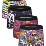 Men's 4-Pack Polyester Boxer Briefs - Graffiti Art Print, Black Waistband Underwear Set
