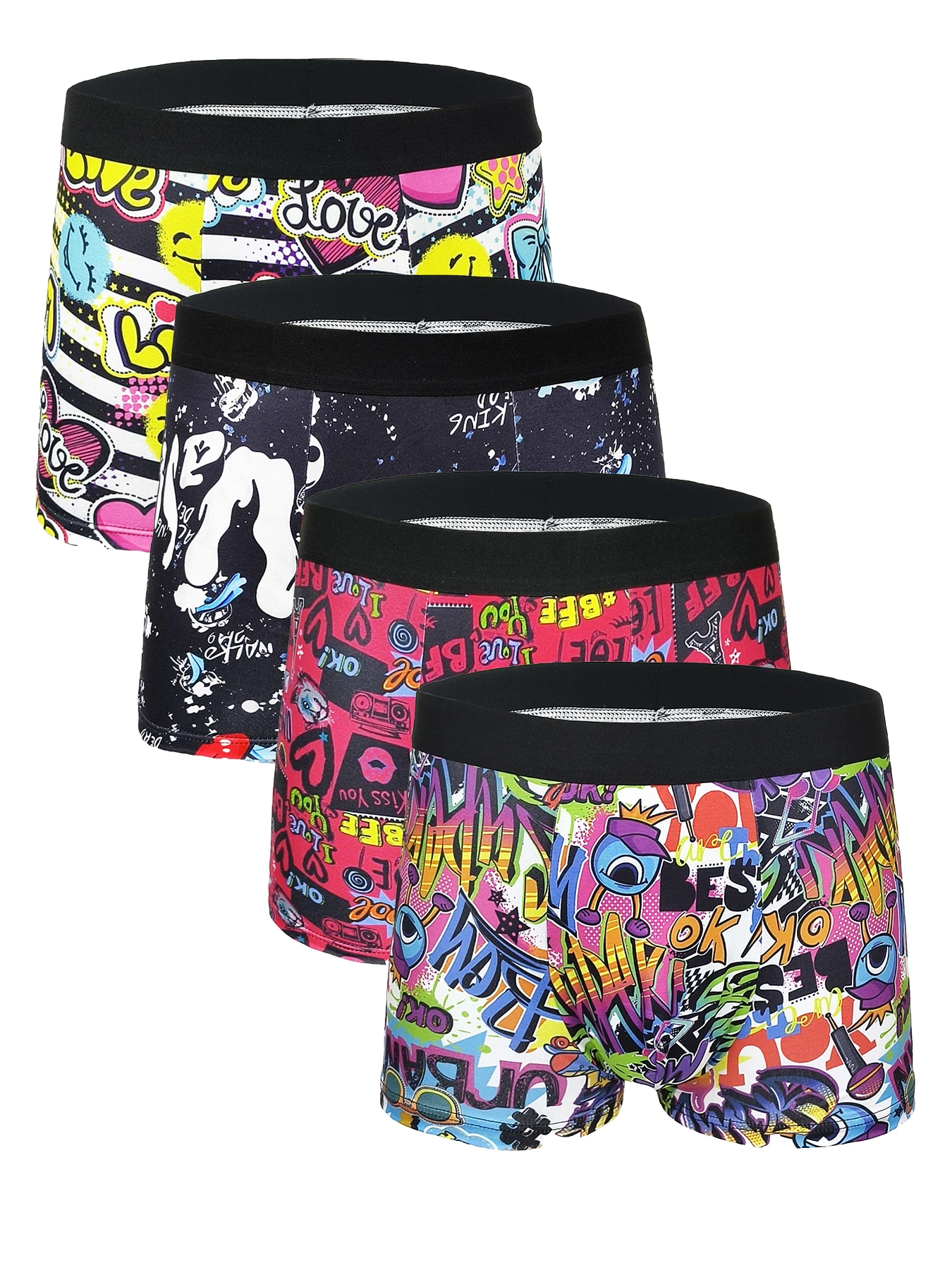 kf-S1d9b0bc7bbaa47f588d930e4608f5a43e Men's 4-Pack Polyester Boxer Briefs - Graffiti Art Print, Black Waistband Underwear Set - Image 1