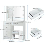 White Dressing Table Vanity Set with Sliding Mirror Frame 3-Color Dimmable LED Lights, 6 Drawers & Stool Ideal Gift Makeup Desk - Image 6