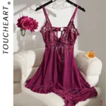 Lace Nightgown Deep V Backless Bow Slip Dress Women Sexy See-Through Slit Lace Pajama 2-Piece Set With Thong