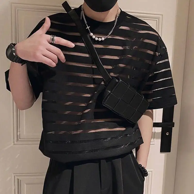kf-S1fe2bda8cc8f4392b76c3fc80401977ai 2023 Men T Shirt Mesh Striped O-neck Short Sleeve Transparent Men Clothing Streetwear Sexy Korean Fashion Tee Tops S-5XL INCERUN - Image 1