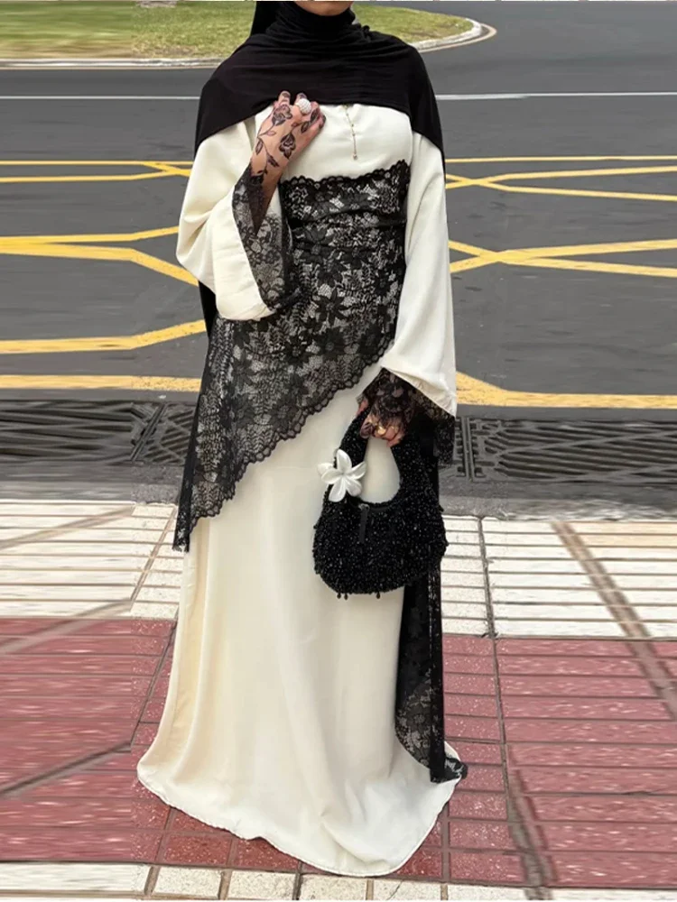 kf-S25bc86257a55456885774316a0b57414E Chic Lace Patchwork Women Long Dress 2026 Summer Long Sleeve O-neck Lace Up Female Robe Elegant Fashion Loose Lady Robes - Image 1