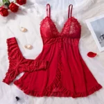 Sexy Lace Lingerie Set for Women, Red Sleepwear Nightdress with Matching Panties, V-Neck Sheer Lace Camisole, Romantic Night