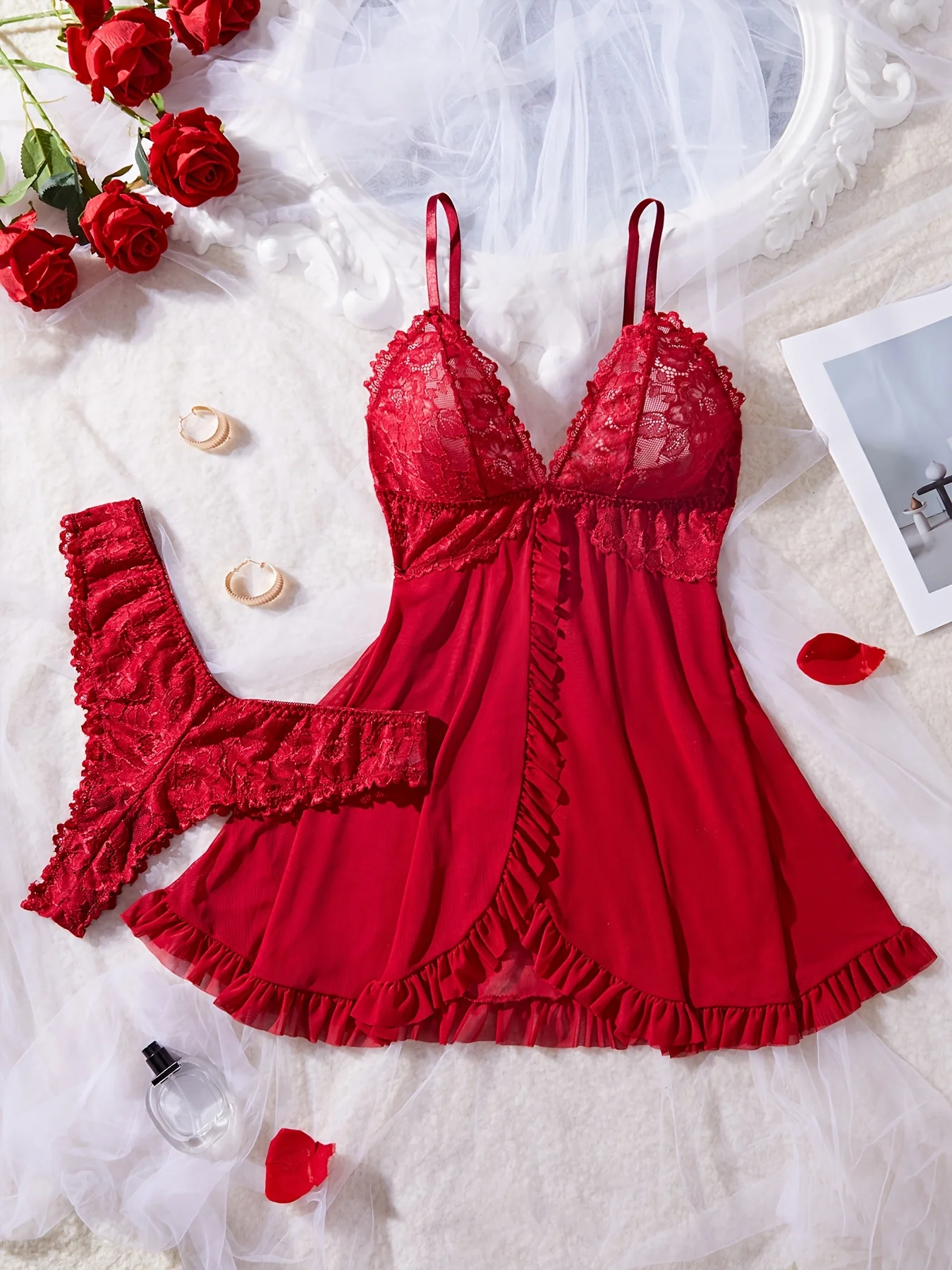 kf-S26ab3e0a86de4d32a0562890da1ddfaeu Sexy Lace Lingerie Set for Women, Red Sleepwear Nightdress with Matching Panties, V-Neck Sheer Lace Camisole, Romantic Night - Image 1