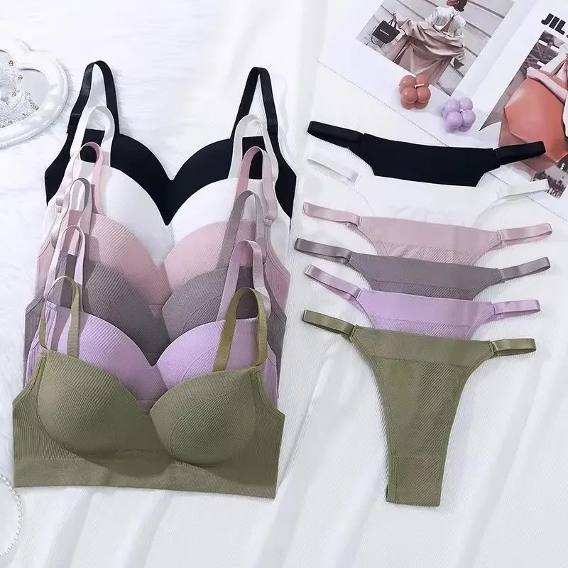 kf-S29bfe0257edb461697eadd4ce3f3d605T Sexy Women Bra Panties Set G-String Sports Bra Crop Top Seamless Underwear Fitness Bra Top Thongs Female Lingerie Set Intimates - Image 1