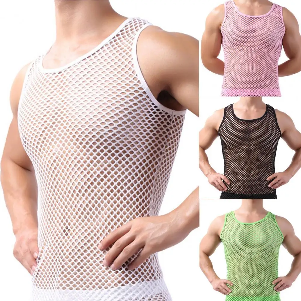 kf-S2a0679e989f844428860ee4330c40f44M Fishnet Men Sexy Mesh Tank Tops Transparent Sleep Tops Male Underwear Pure Color Vest Sleeveless Tops Underwear Male Undershirt - Image 1