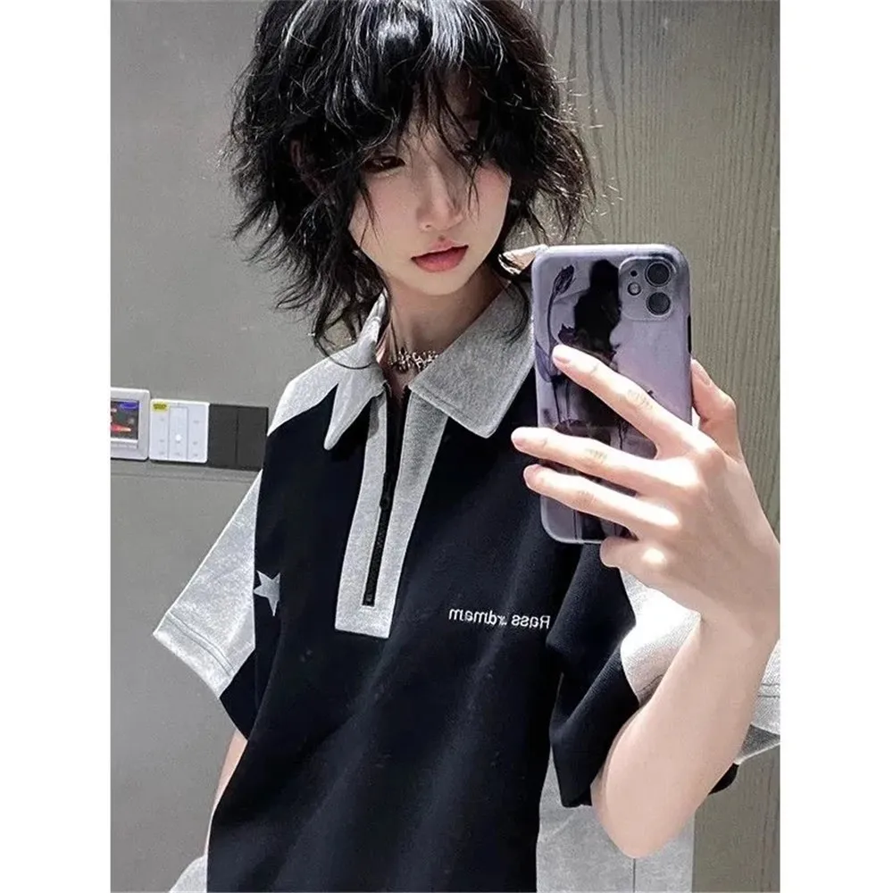 kf-S2b7d976a6a0f4c09aa15681b443d91fed Y2k Summer Polo T-Shirts Women American Vintage New Cotton Contrast Panels Casual Harjuku Shirts Short Sleeve Women Casual Tops - Image 1