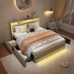 Anajqaqia 160×200cm Adult Bed, Upholstered Double Bed, Youth Bed, with LED and USB 4 Drawers, Headboard with Storage Space Linen
