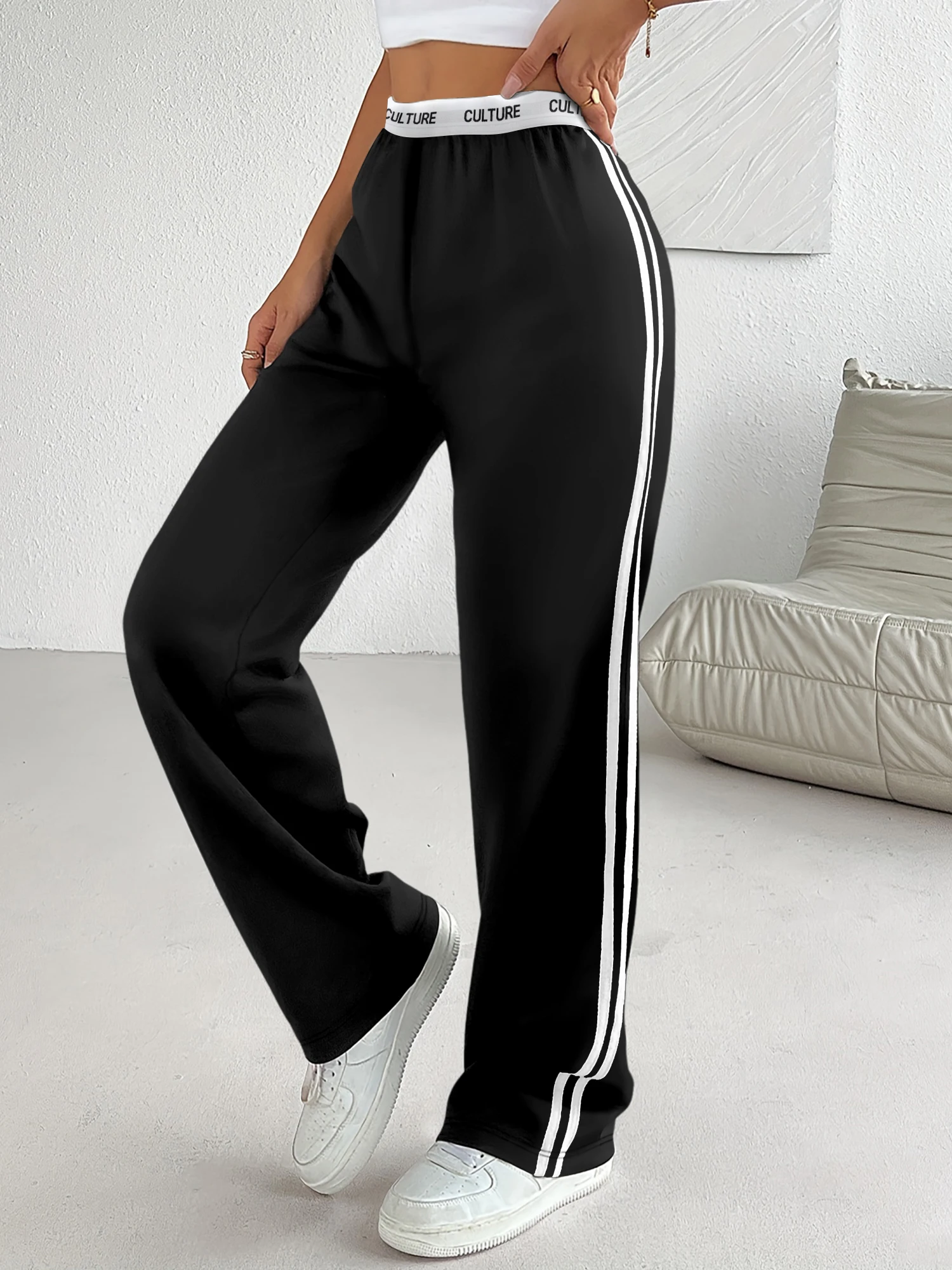 kf-S2b91ea3c36bb47ebbee5cdff1c5eae94t Side Stripe Wide Leg Sweatpants - "CULTURE" Print Waistband Casual Pants for Women - Image 1