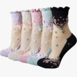 5 Pairs Mesh Floral Print Socks Crystal Glass Vintage Thin Socks Women's Stockings Hosiery Crystal Glass Short Thin Socks