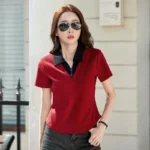 #0297 Cotton Short T Shirt Women Polo Neck Office T Shirt Female Short Sleeve Slim Sexy Red Gray Purple Womens Tee Shirts Summer