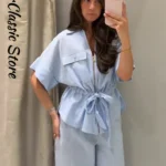 Casual Blue Loose Pants Set Lapel Short Sleeve Tie Waist Blouse Women's Matching Sets Lady New Summer Street 2 Pieces Suits 2026